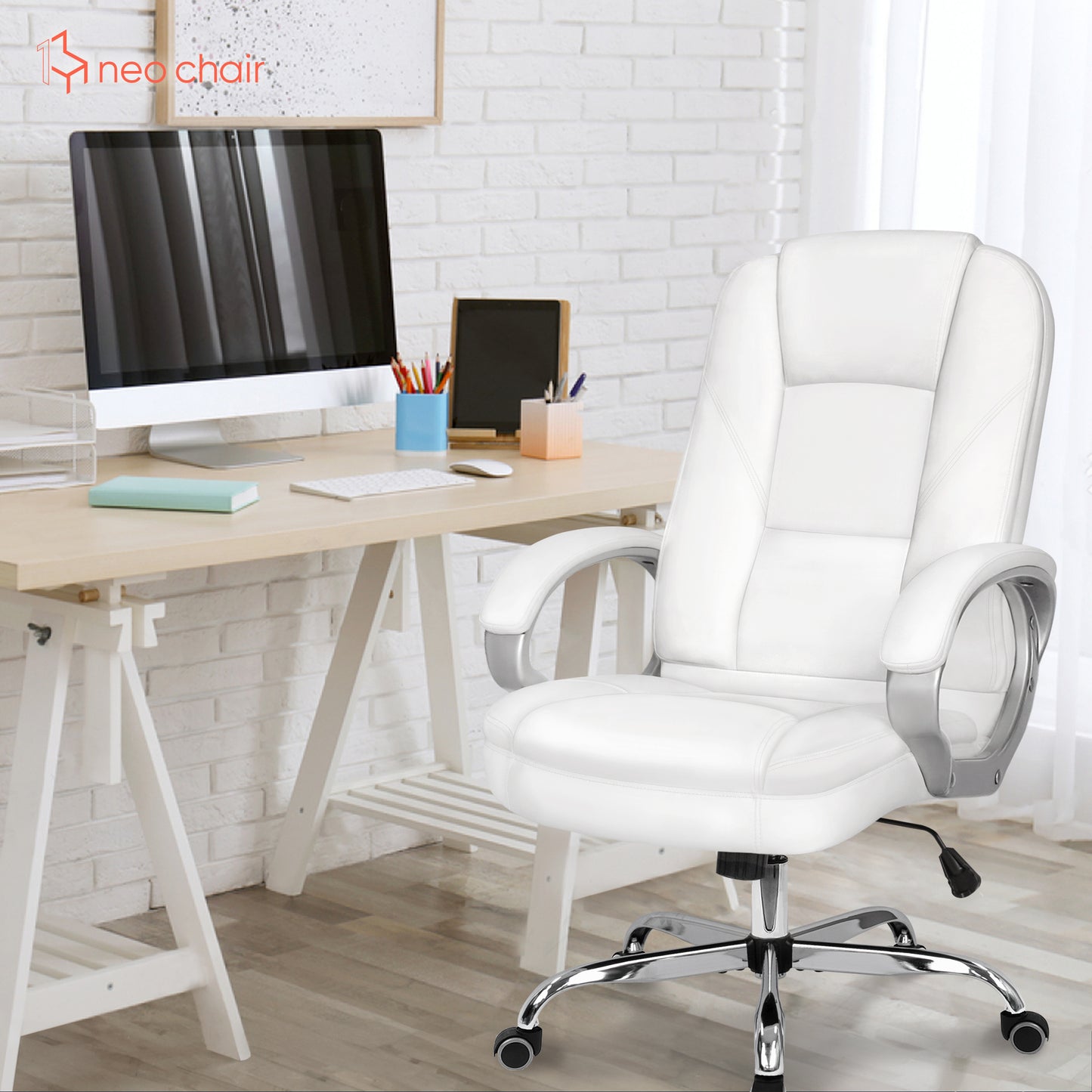 BLC 社長椅子 パソコンチェア PUレザー ハイバック ホワイト